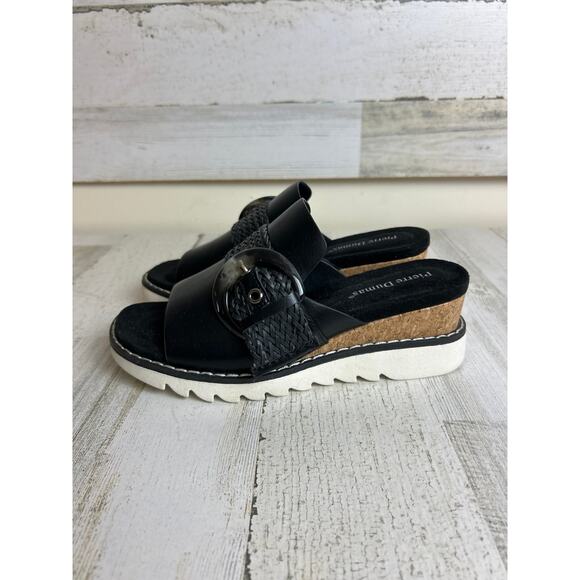 Pierre Dumas Women’s 7 Black Leather Suede Buckle Slip-On Platform Wedge Sandals - Picture 6 of 7